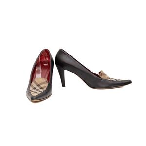 Burberry Women's Black Leather Heels‎ with Nova Check Canvas Detail  (US 9.5)